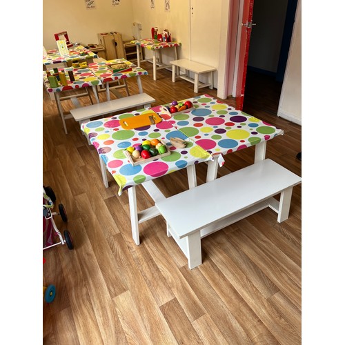 332 - 7 x child size play tables with 11 x benches...