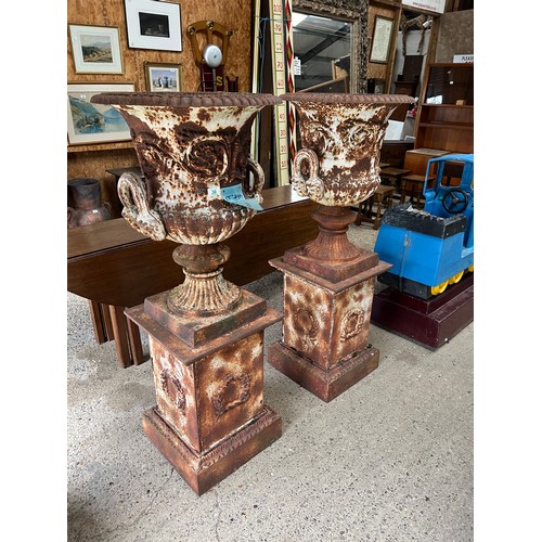 36 - x 2 large heavy cast iron metal urns on pedestal 55