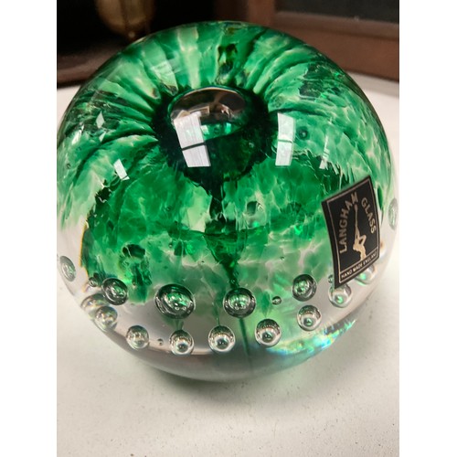 119 - Langham glass paper weight green colour air bubbles , original label etched on bottom Langham Englan... 