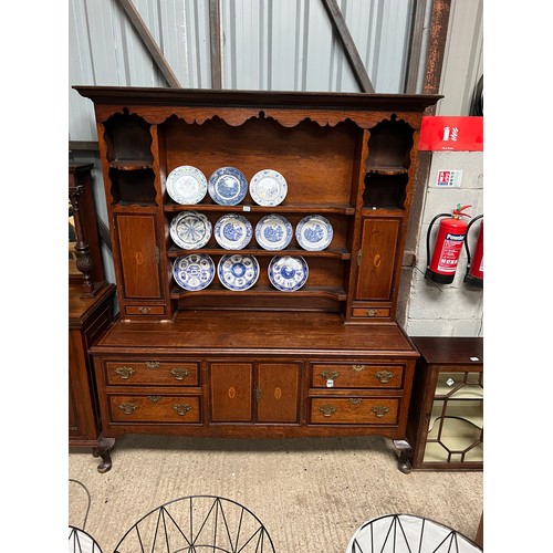 214 - display dresser with cupboards and draws below , inlaid doors with brass handles