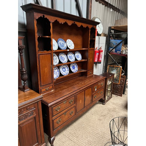 214 - display dresser with cupboards and draws below , inlaid doors with brass handles