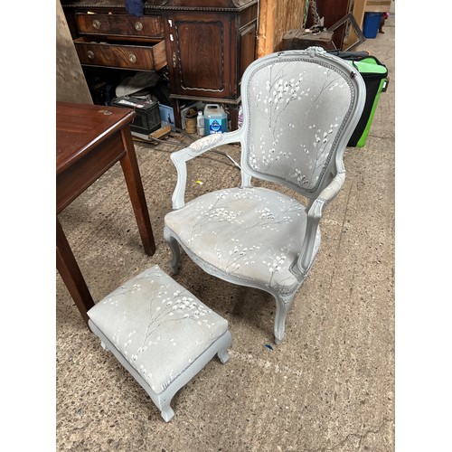 607 - grey painted upholstered chair with footstool