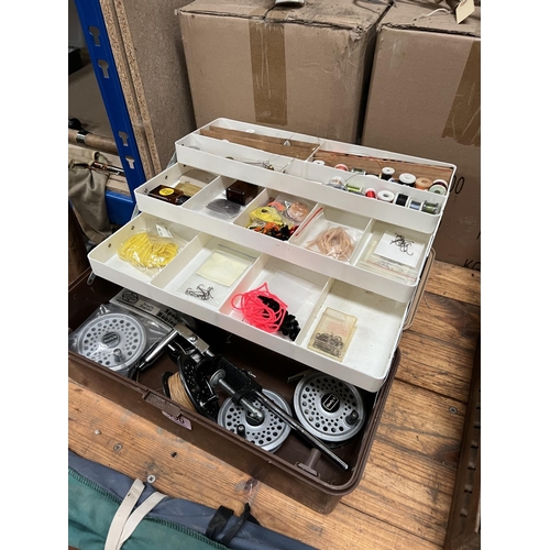 430 - fishing box with contents fly tying nylon / clamp , reels etc..