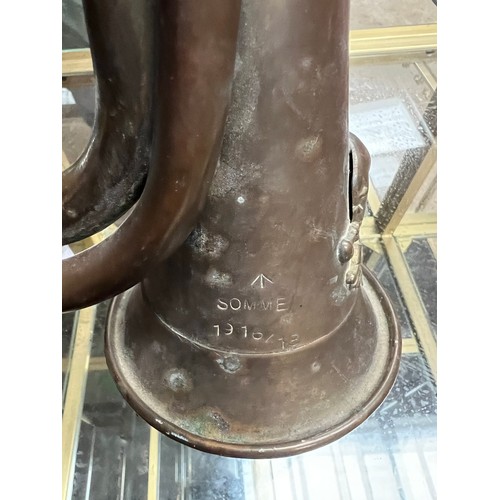 96 - Military bugle stamped 1916/18 , crows foot , Somme with plaque on front  death or glory skull cross