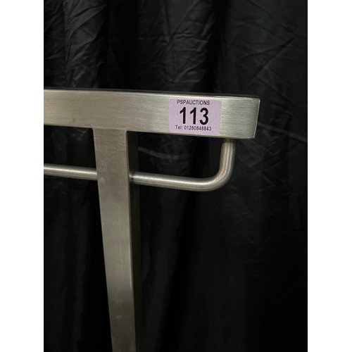 113 - brushed steel clothes rail 40cm x 40cm square base height 142cm