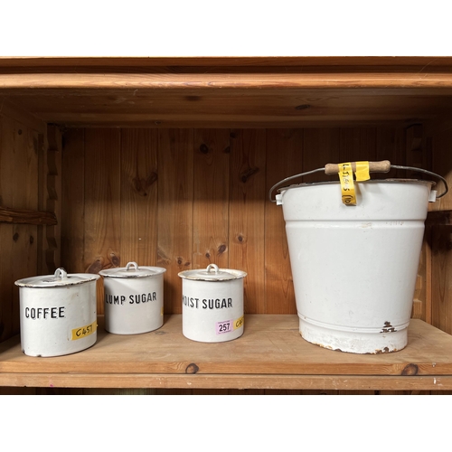 257 - vintage enamel bucket plus 3 lidded pots