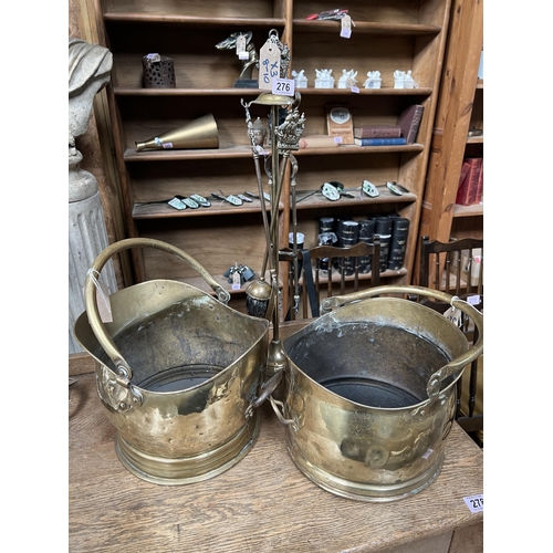 276 - brass coal buckets x 2 plus brass companion sets