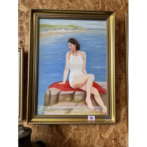 44 - framed canvas painting Lady by beach sign H J REEVES , 49cm x 64cm