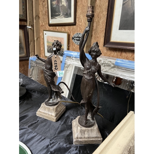 219 - pair Spelter lamps a/f damaged