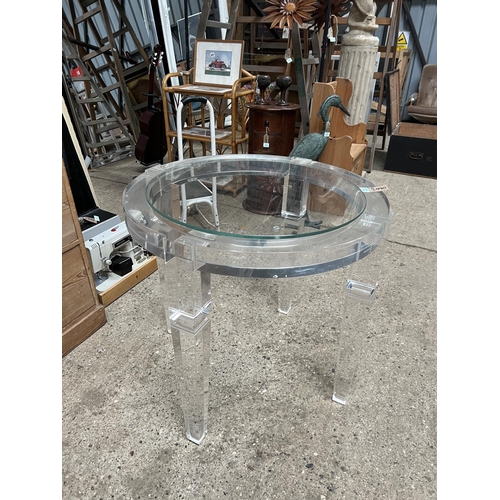 232 - clear round Perspex leg  table with glass top 82cm disinter x 75cm high