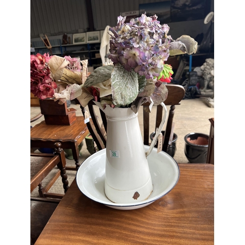 28 - vintage Enamel wash jug & bowl with faux flowers...