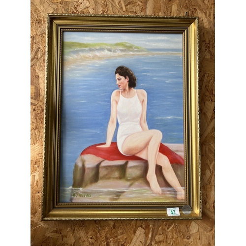 43 - framed canvas oil painting lady in bathing costume...