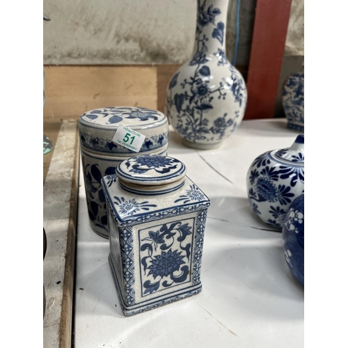 51 - 2 x crackle glaze blue & white pots 13cm diameter x 19cm tall , 10cm square x 16cm high