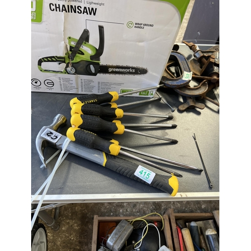 415 - Qty new Stanley screwdrivers & hammer