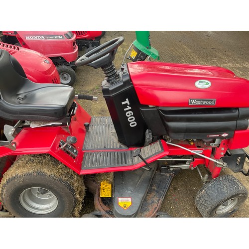 1 - Westwood T1600 ride on mower , with sweeper and grass collector , starts and runs but has problem wi... 