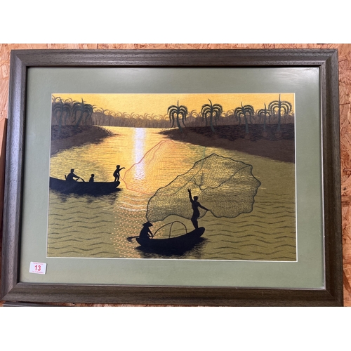 13 - framed oriental picture fishing scene