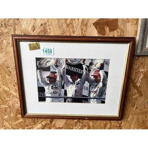 1458 - framed signed racing photograph 14” x 12” ,