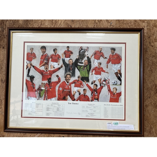 1466 - framed Manchester United THE TREBLE limited edition picture signed by artist 34” x 25”