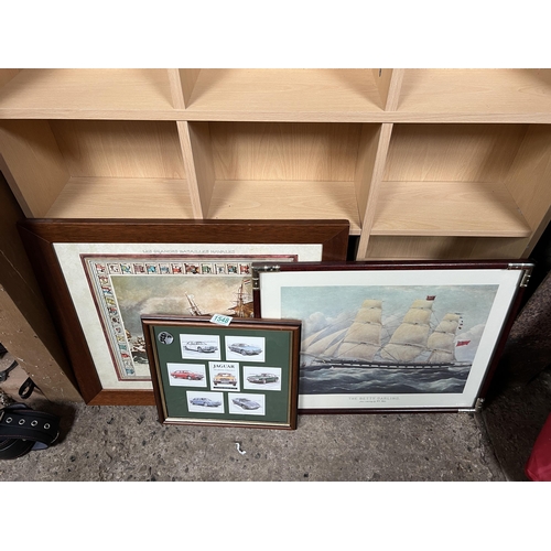 1548 - 3 x framed pictures , 2 x ships plus Jaguar