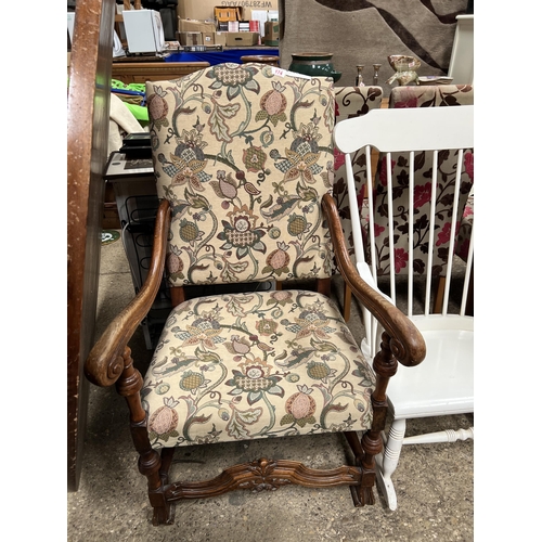 174 - upholstered chair with carved oak frame