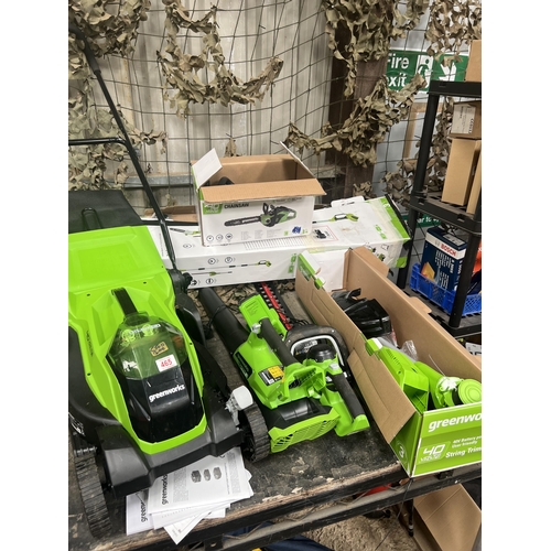 465 - Greenworks 40 volt cordless kit , mower , chainsaw , blower , hedge cutter , strimmer , pole hedge c... 