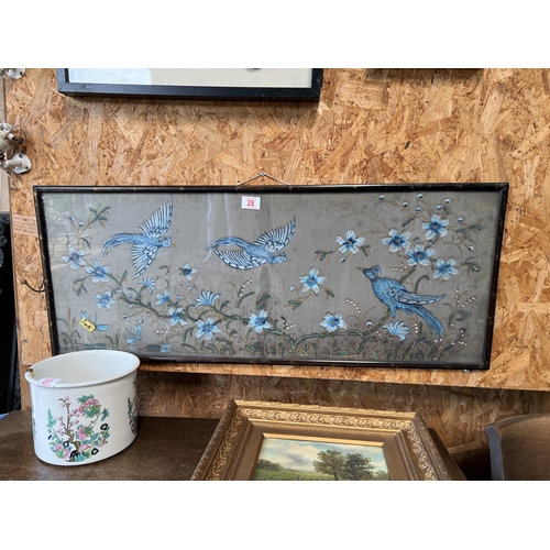 28 - framed picture , birds with flowers blue a/f