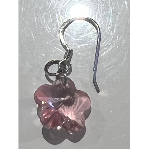 89 - Clear Pink stone flower shaped drop earrings with silver mount , stamped 925 , diameter of flower 11... 