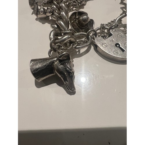 98 - vintage silver charm bracelet with 20 charms , teddy bear , hat , dog , stagg , newt , bull , tankar... 
