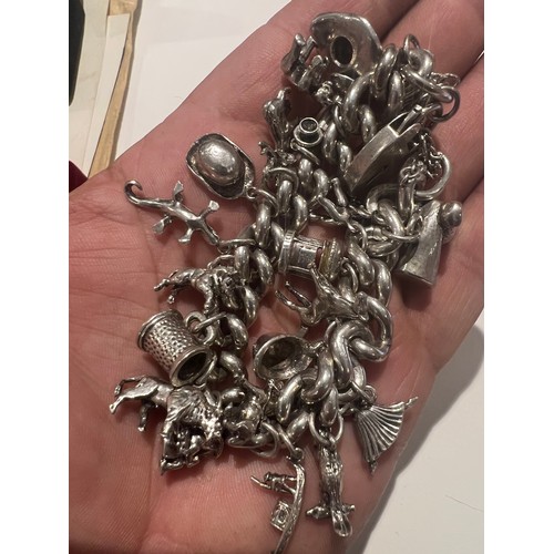 98 - vintage silver charm bracelet with 20 charms , teddy bear , hat , dog , stagg , newt , bull , tankar... 