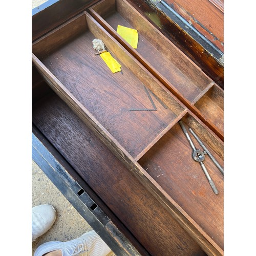 33 - Antique tool chest / trunk with fitted interior draws with contents