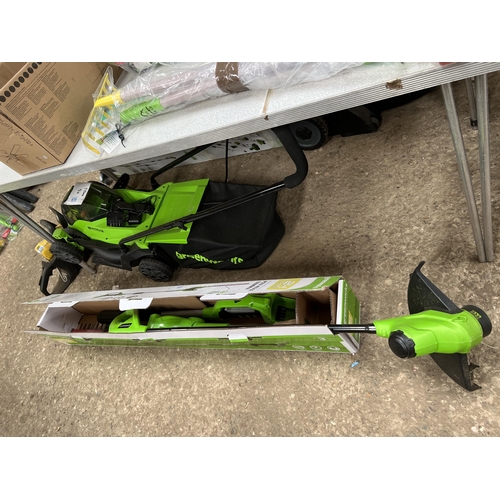 419 - Greenworks 24v cordless mower & strimmer & pole hedge cutter  with battery & charger