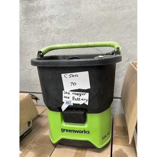 467 - Greenworks cordless pressure washer bucket with charger & battery