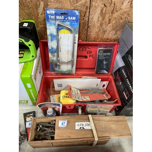 47 - tool box plus contents , plus box auger drill bits