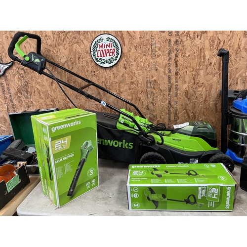 85 - Greenworks 48v cordless mower ,  blower & strimmer  , with chargers & batteries