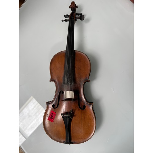 249 - violin in case with bow , for restoration hand written label inside