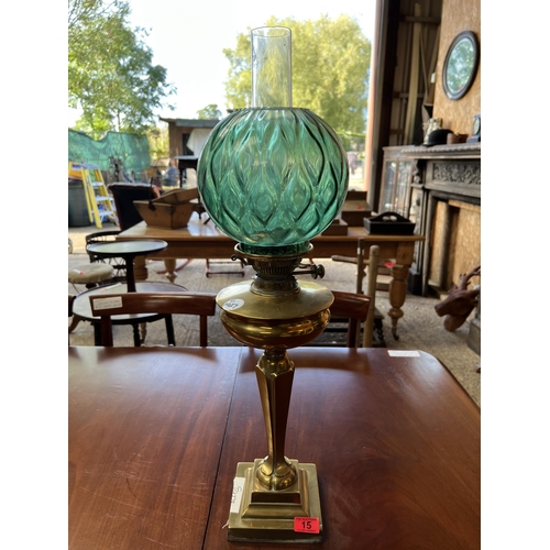 15 - brass oil lamp with green shade