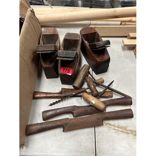 175 - Qty vintage wood tools , planes , spoke shaves etc..