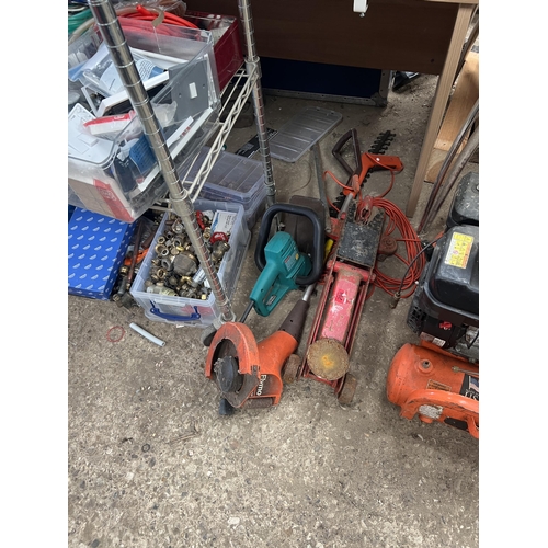 298 - mixed lot trolley jack , hedge cutter & trimmer