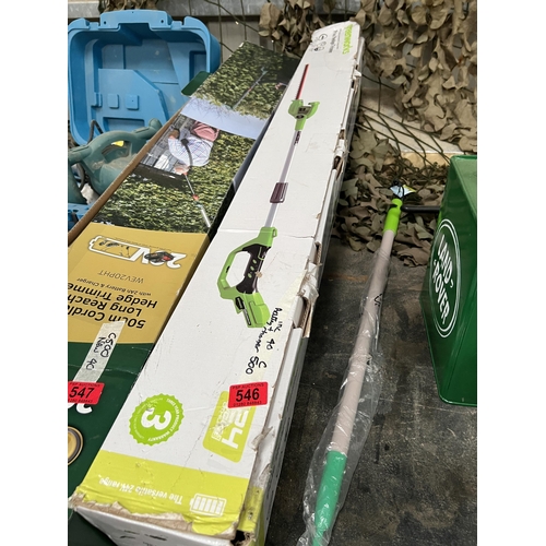 546 - Greenworks pole hedge cutter with charger / battery