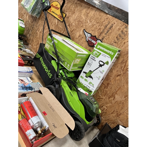 75 - 48v cordless Greenworks lawn mower , blower & strimmer