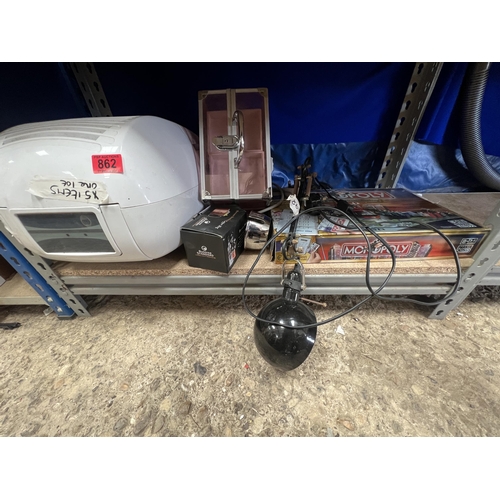 862 - mixed lot dehumidifier, table light plus game etc..