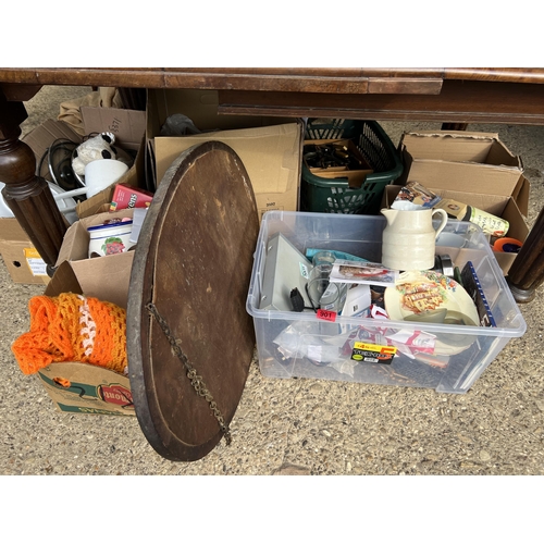 901 - 6 x crates mixed bric a brac plus mirror all under table