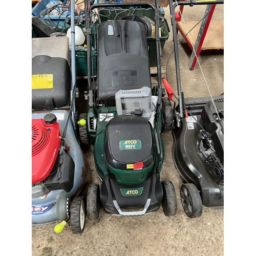 310 - 2016 ATCO liner battery rotary mower with battery & charger starts runs , no roller drive no 84