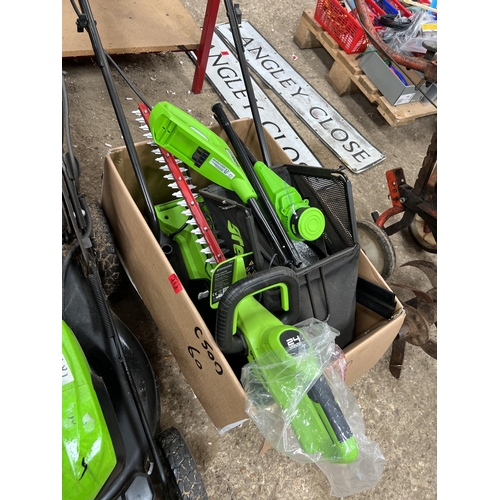 313 - Greenworks cordless mower plus strimmer / hedge cutter