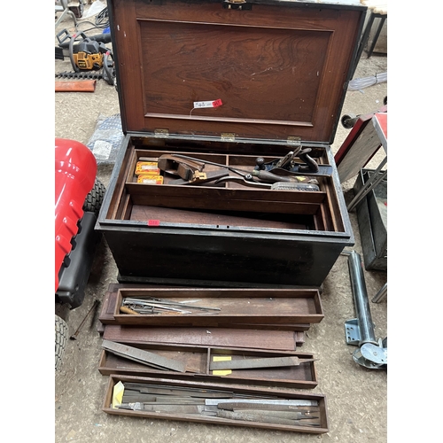 388 - vintage tool trunk with compartments with contents tools , wood plane etc..