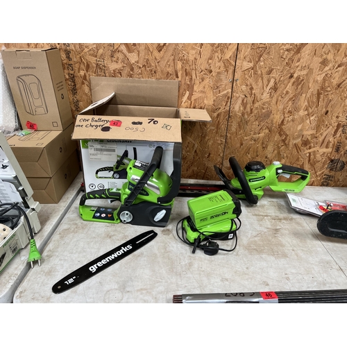 43 - Greenworks 40v cordless chainsaw & hedge cutter with battery & charger...