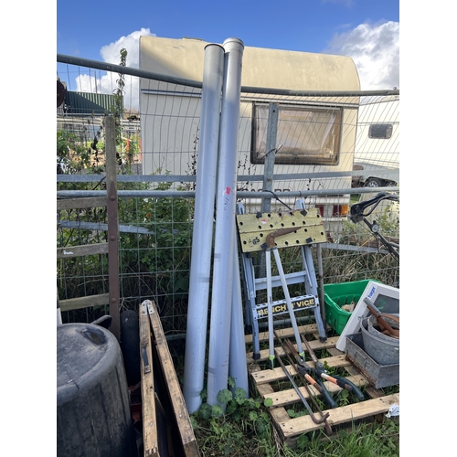 483 - Qty plastic pipe and items on pallet , galvanised pans etc.....