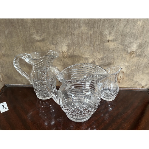 452 - 3 x heavy cut glass jugs