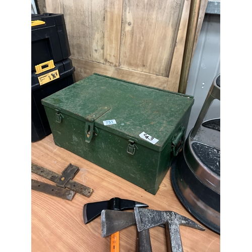 751 - green metal tool tin / box