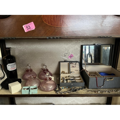 54 - shelf mixed costume jewellery, rings / earrings watches   Perfume bottles...